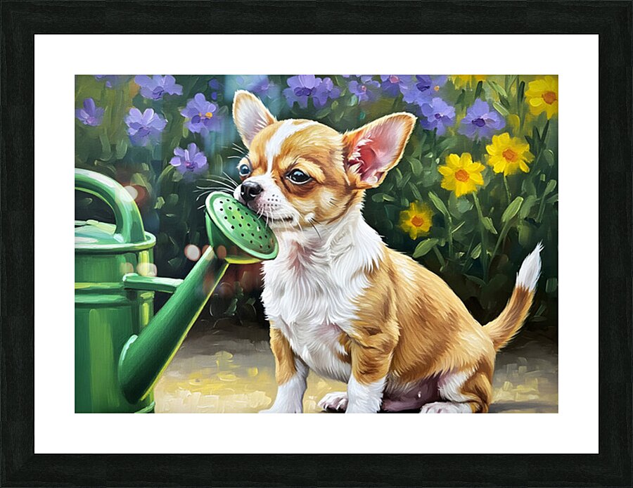 Chihuahua Puppy Discovers Garden Watering Can Picture Frame print