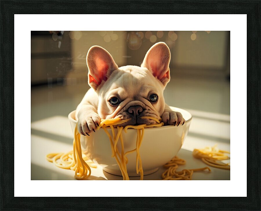 French Bulldog Puppy Discovers Spaghetti Bowl Picture Frame print