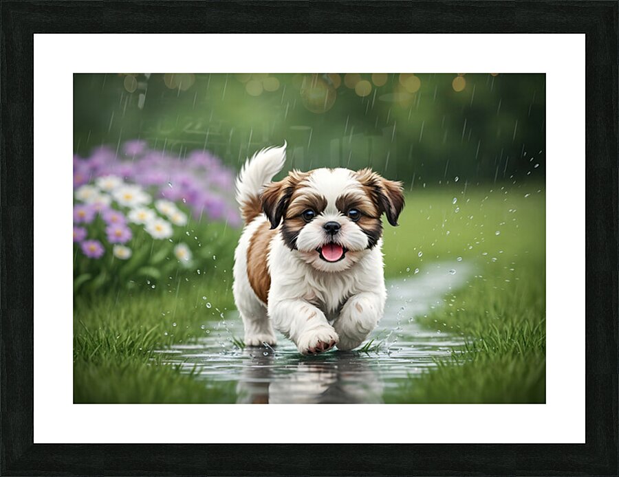 Happy Shih Tzu Puppy Enjoys Raindrop Adventure Picture Frame print