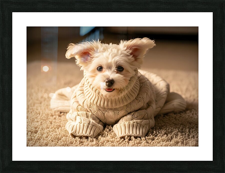 Proud Bichon Frise Puppy Wearing Cozy Sweater Picture Frame print