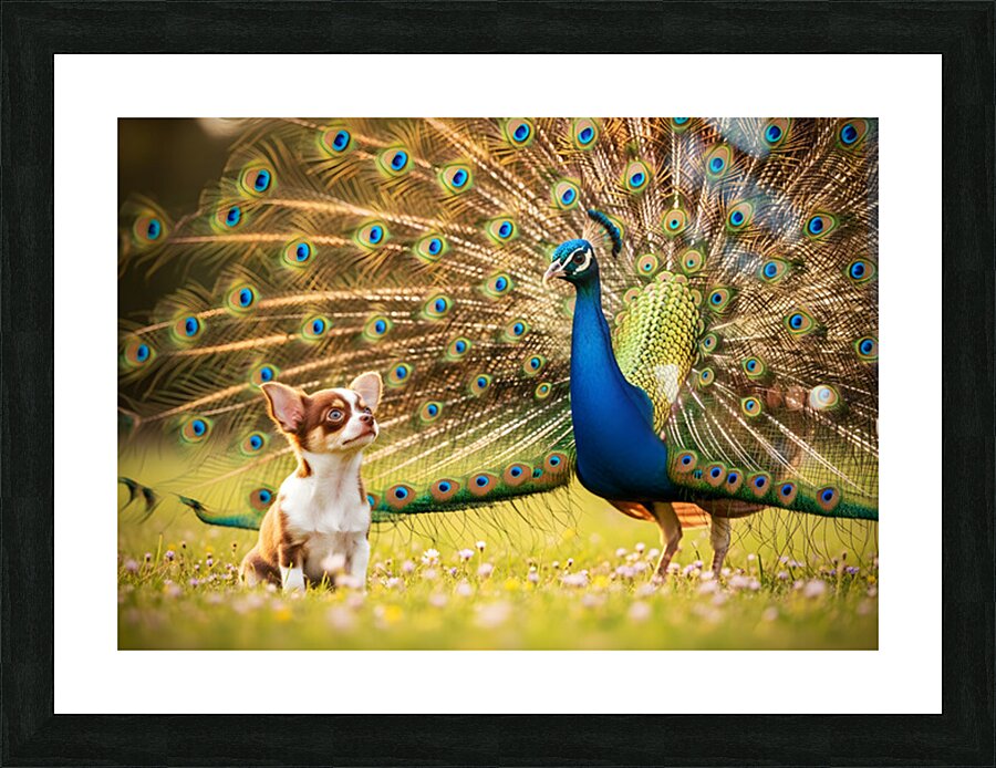 Chihuahua Puppy Tries To Copy Peacocks Elegance Picture Frame print