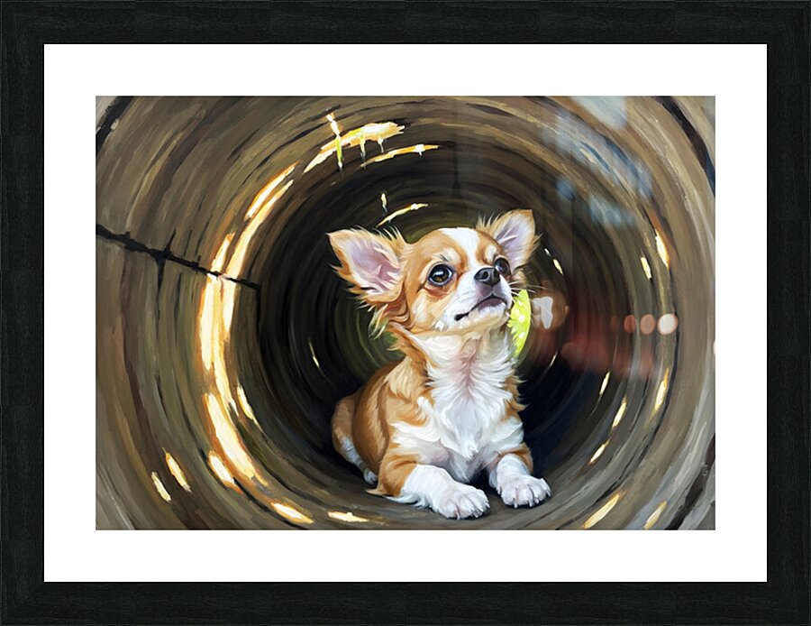 Happy Chihuahua Puppy Exits Log Adventure Picture Frame print