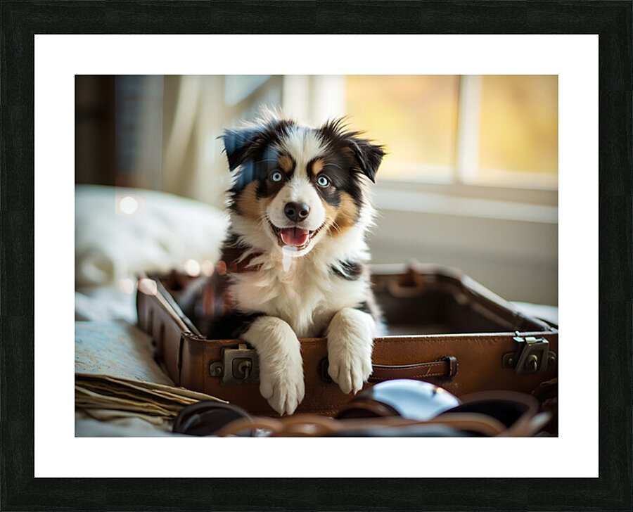 Content Puppy Settles Down For Suitcase Journey Picture Frame print