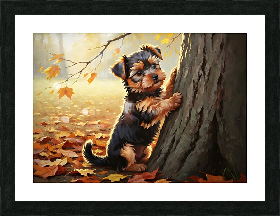 Yorkshire Terrier Puppy Spots Squirrel At Tree Base Picture Frame print