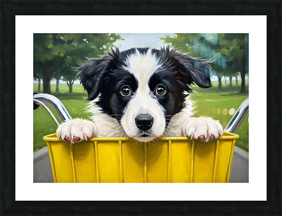 Border Collie Puppys First Bicycle Basket Adventure Begins Picture Frame print