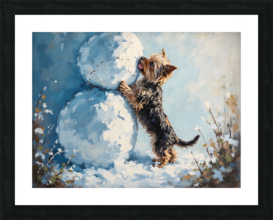 Yorkshire Terrier Puppy Discovers Winter Snowman Picture Frame print
