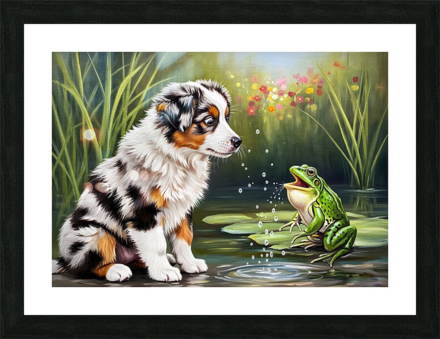 Puppy And Frog Become Peaceful Pond Friends Picture Frame print