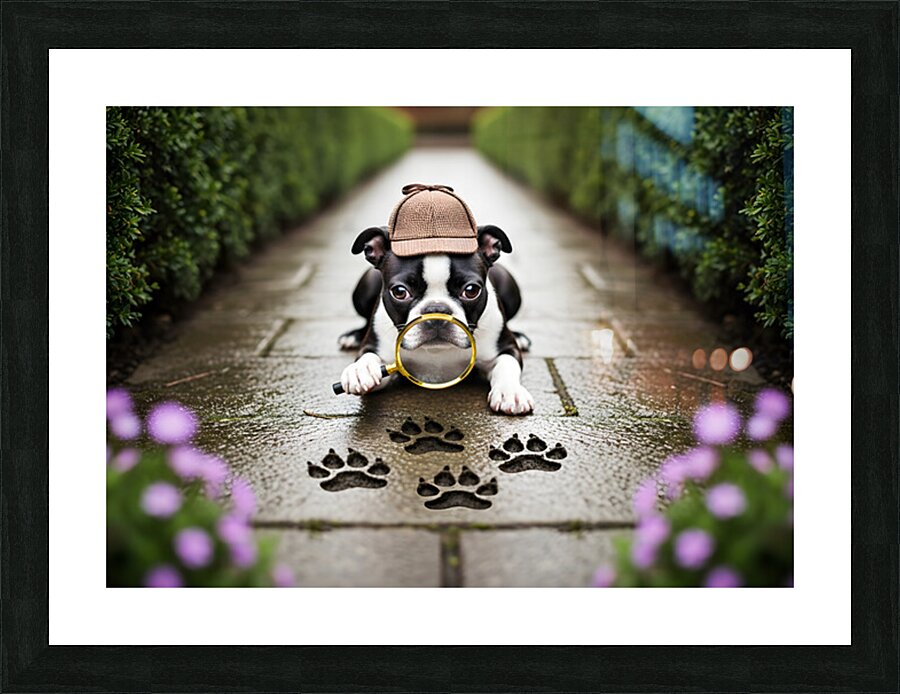 Boston Terrier Detective Puppy Begins Mystery Investigation Picture Frame print