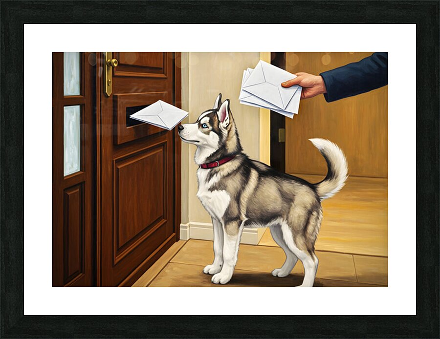 Curious Husky Puppy Discovers The Mail Slot Picture Frame print