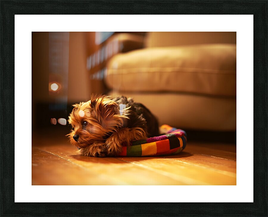 Happy Yorkshire Terrier Puppy Plays With Toy Picture Frame print