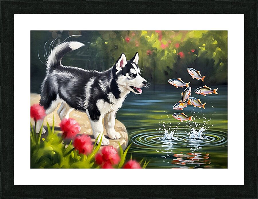 Happy Husky Puppy Enjoys Pond Watching Picture Frame print