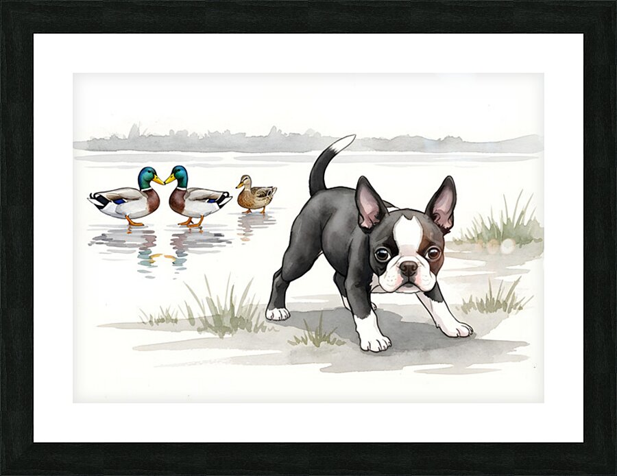 Puppy Watches His New Duck Friends Swimming Peacefully Picture Frame print