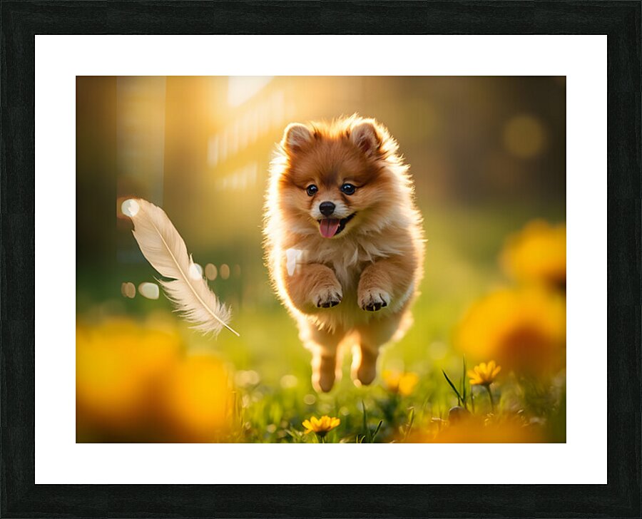 Feather Lands On Happy Pomeranian Puppy Picture Frame print