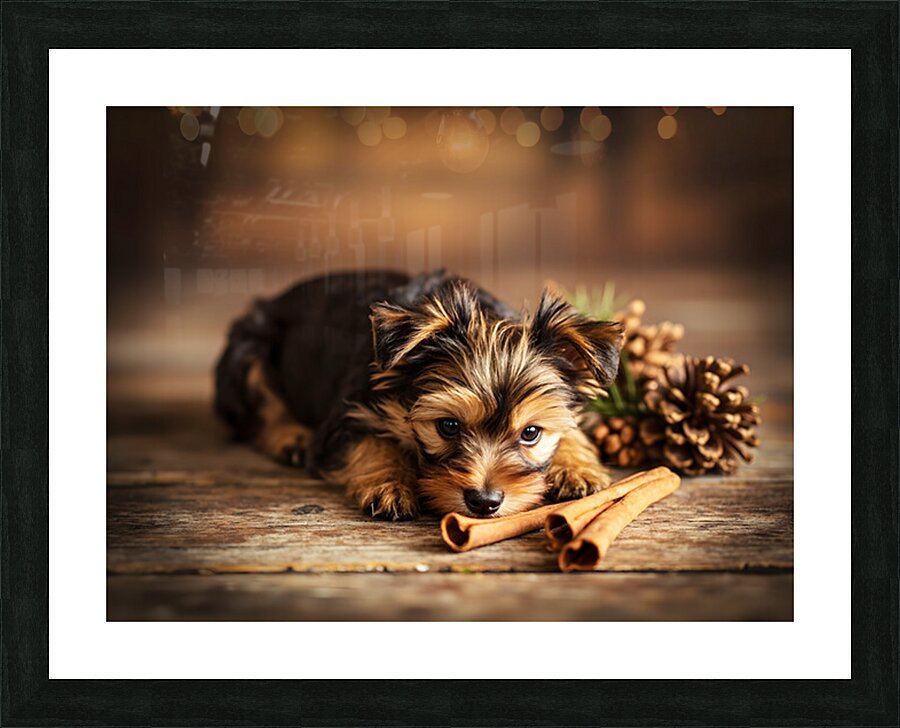 Happy Yorkshire Terrier Puppy With Nature Treasures Picture Frame print
