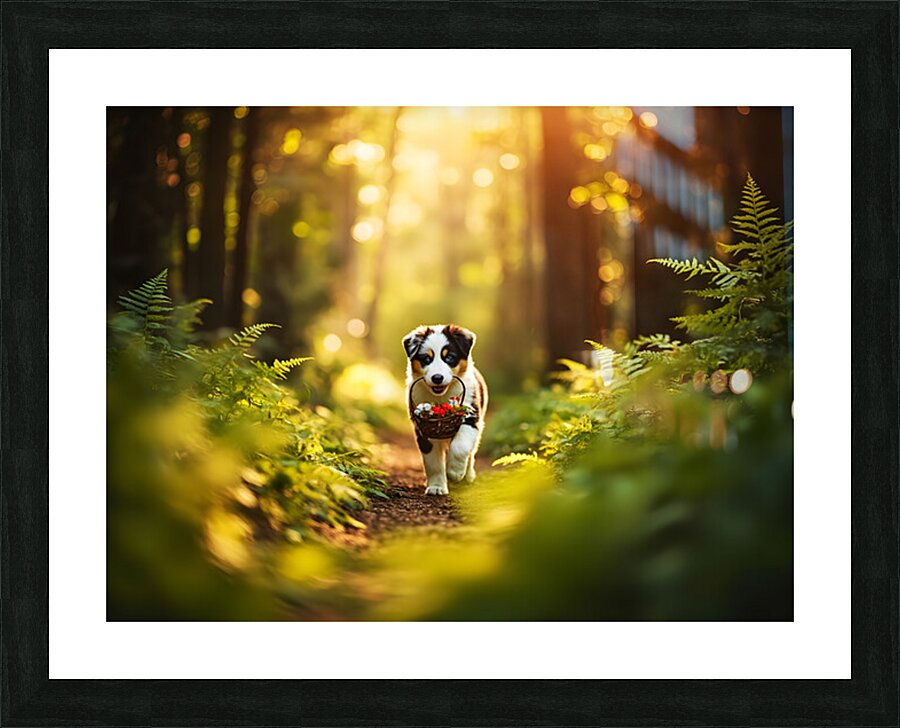 Australian Shepherd Puppy Begins Flower Delivery Mission Picture Frame print
