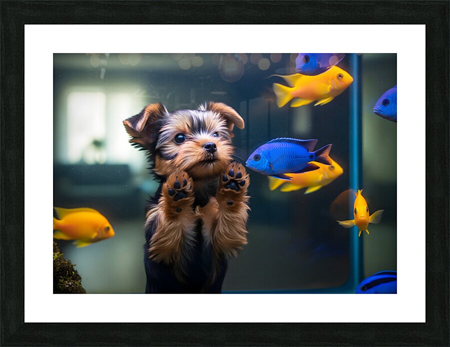 Yorkshire Terrier Puppy Discovers Amazing Aquarium World Picture Frame print