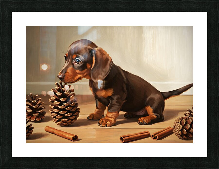 Happy Dachshund Puppy Relaxing With Natural Treasures Picture Frame print