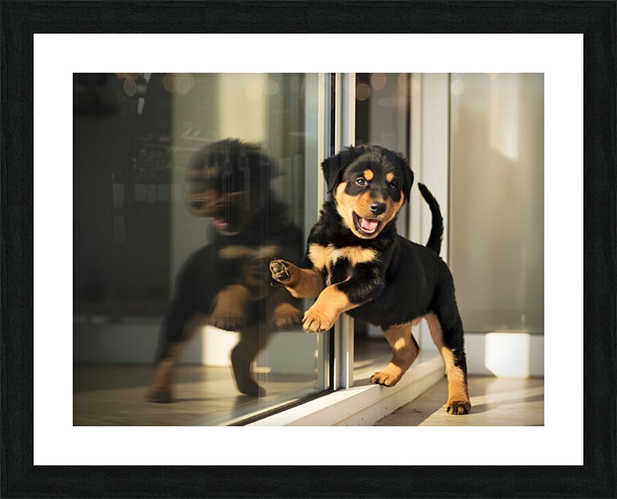 Rottweiler Puppy Discovers Glass Door Reflection Picture Frame print
