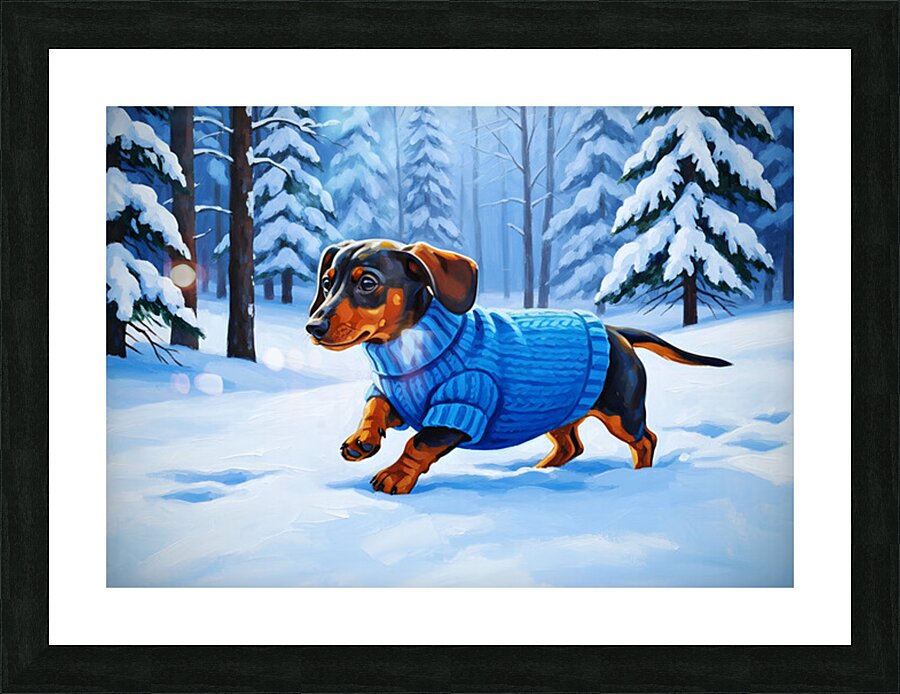 Dachshund Puppy Discovers Winter Snow In Red Sweater Picture Frame print