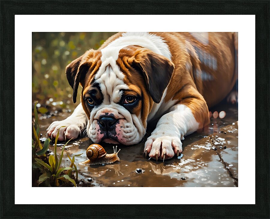 Protective Bulldog Puppy Shields Snail From Heavy Rain Picture Frame print
