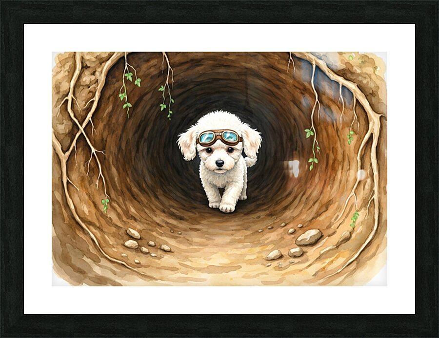 Poodle Puppy Finds Amazing Underground Chamber Picture Frame print