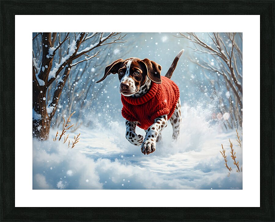 Sleepy Puppy Rests After Snow Adventure In Sweater Picture Frame print