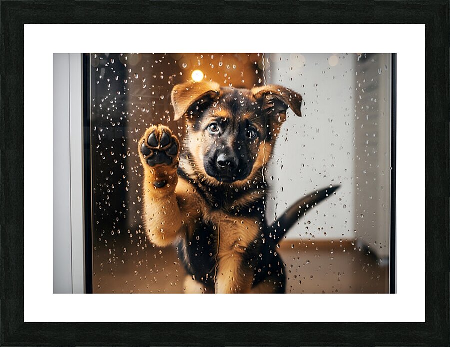 Confused German Shepherd Puppy Tilts Head At Glass Door Picture Frame print