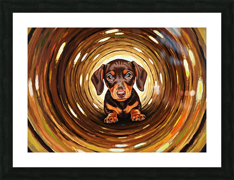 Victorious Puppy Emerges From Log Adventure Picture Frame print
