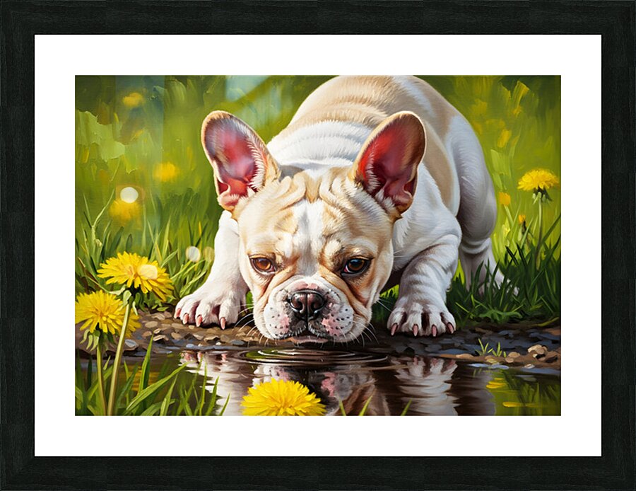 French Bulldog Puppy Discovers Reflection In Puddle Picture Frame print