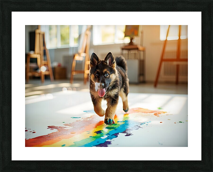 German Shepherd Puppy Discovers Colorful Paint Containers Picture Frame print