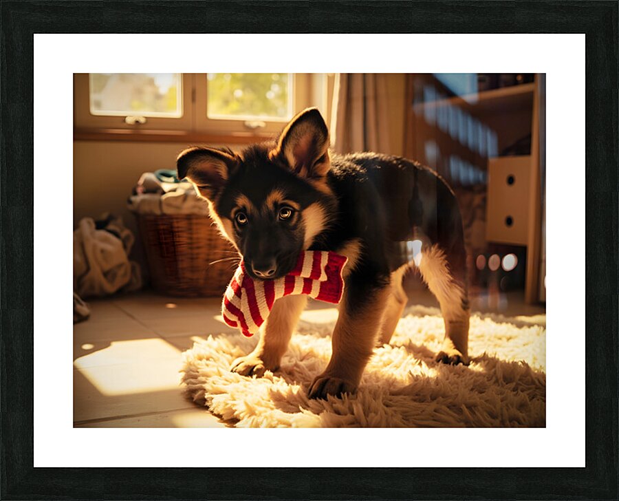 Puppy Makes His Escape With Sock Picture Frame print