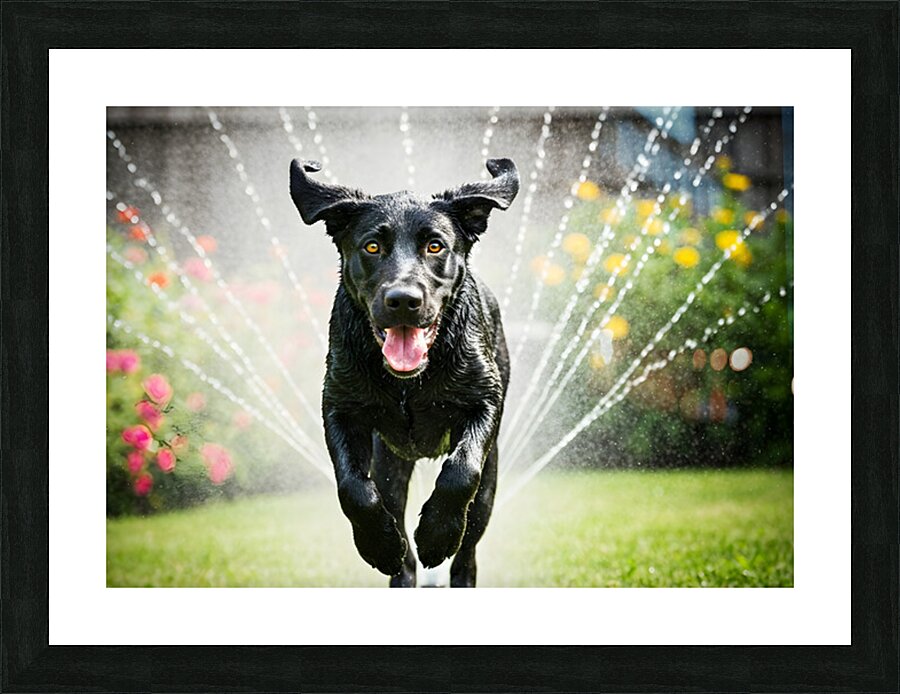 Wet German Shepherd Puppy Rests By Sprinkler Happily Picture Frame print