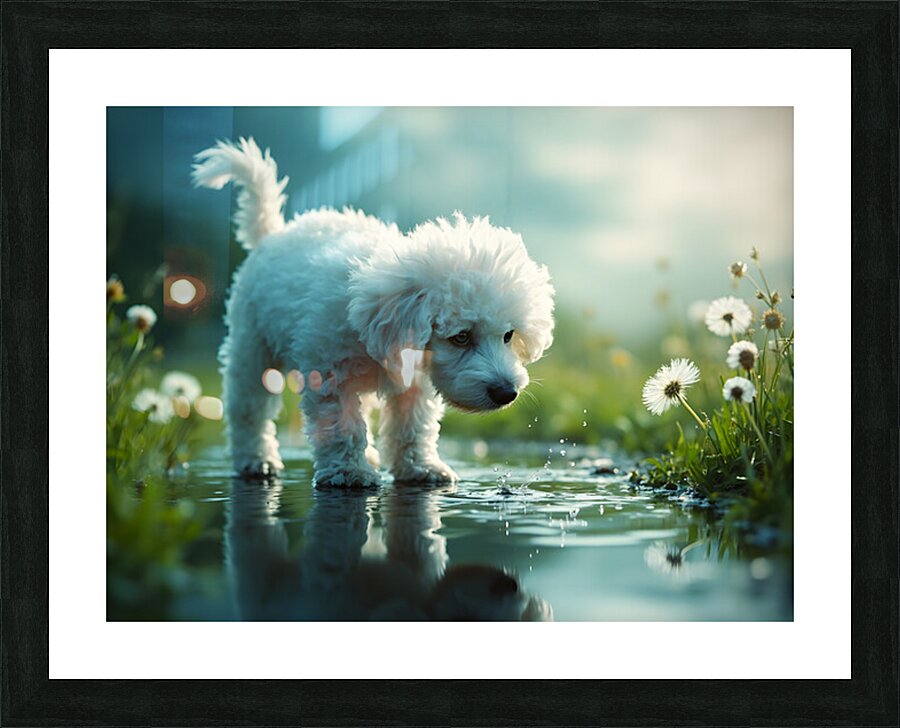 Poodle Puppy Discovers Her Reflection In A Puddle Picture Frame print