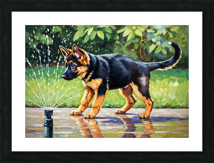 German Shepherd Puppy Discovers Backyard Sprinkler Picture Frame print