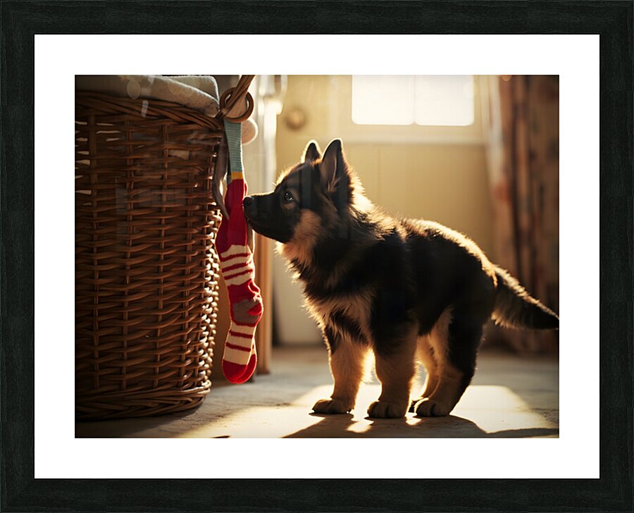 German Shepherd Puppy Discovers Laundry Basket Picture Frame print