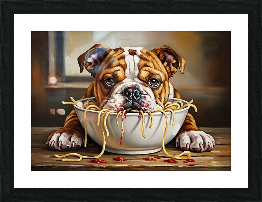 Bulldog Puppy Discovers Spaghetti Dinner Picture Frame print