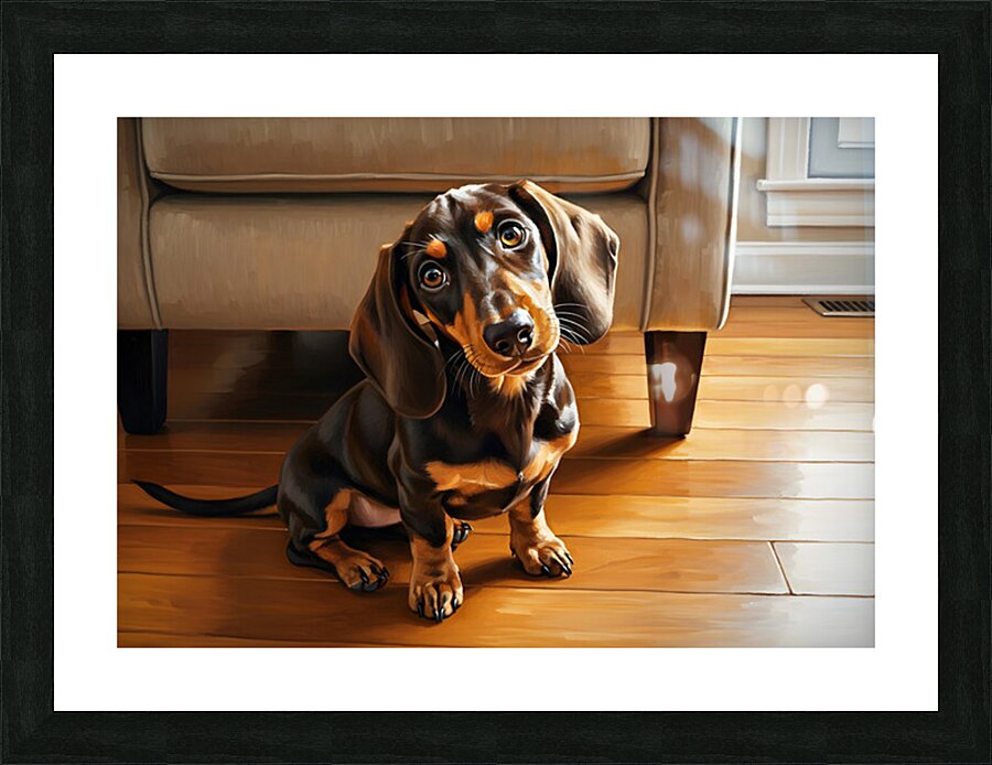Dachshund Puppy Caught On The Forbidden Sofa Picture Frame print