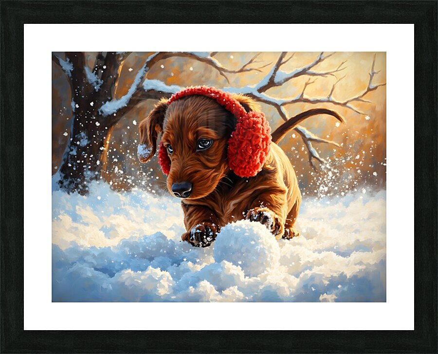 Dachshund Puppys First Snowy Adventure With Earmuffs Picture Frame print