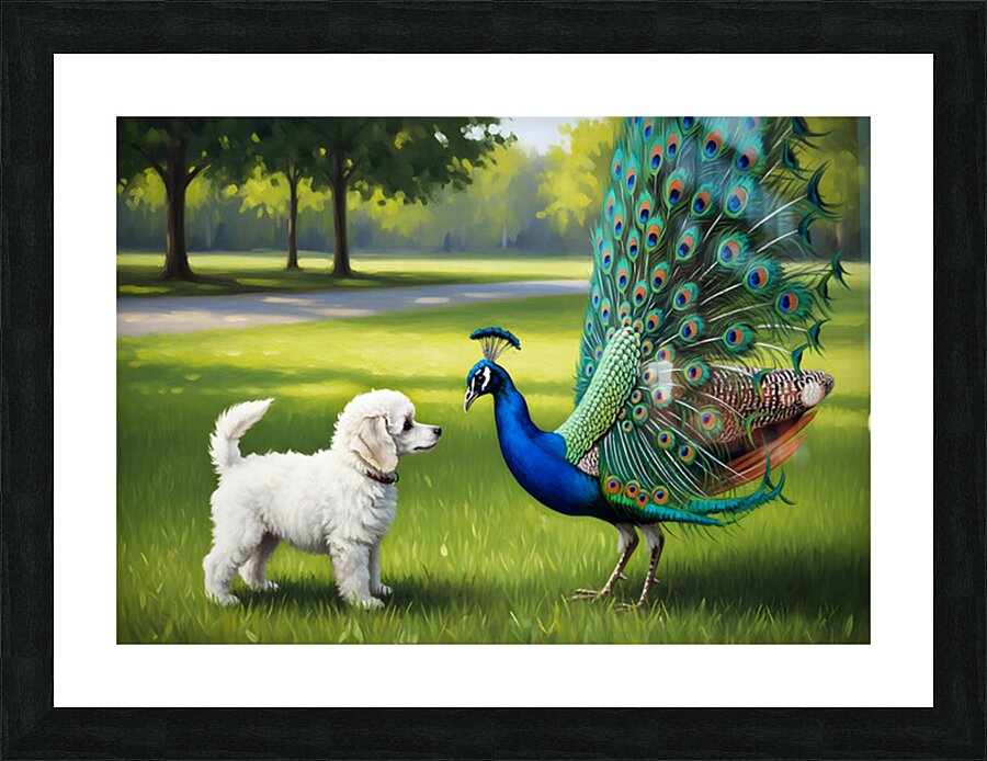 Peacock Displays Full Feather Fan For Amazed Puppy Picture Frame print