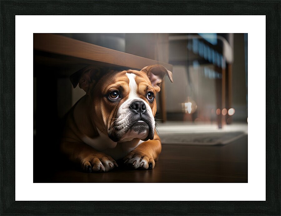 Brave Bulldog Puppy Feels Better Under Table Picture Frame print