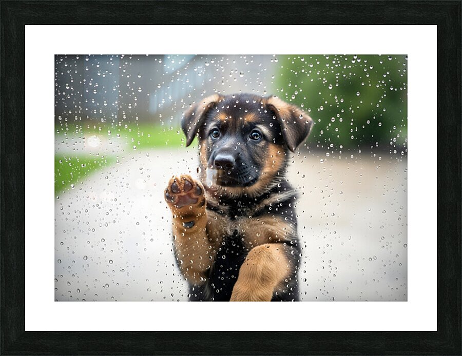 German Shepherd Puppy Discovers Raindrops On Glass Door Picture Frame print