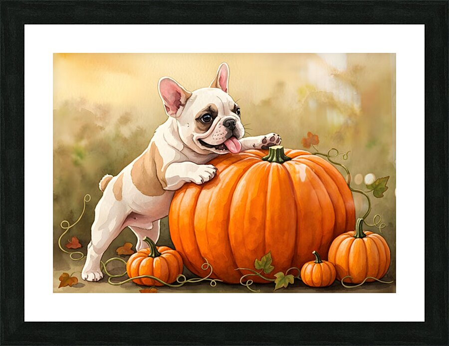 Happy French Bulldog Puppy Rests In Pumpkin Patch Picture Frame print