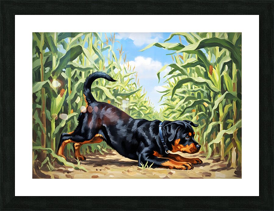 Rottweiler Puppy Discovers The Corn Maze Adventure Picture Frame print