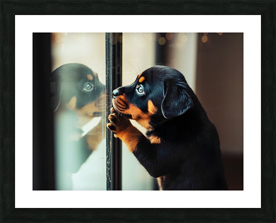 Thoughtful Puppy Contemplates Mysterious Reflection Picture Frame print