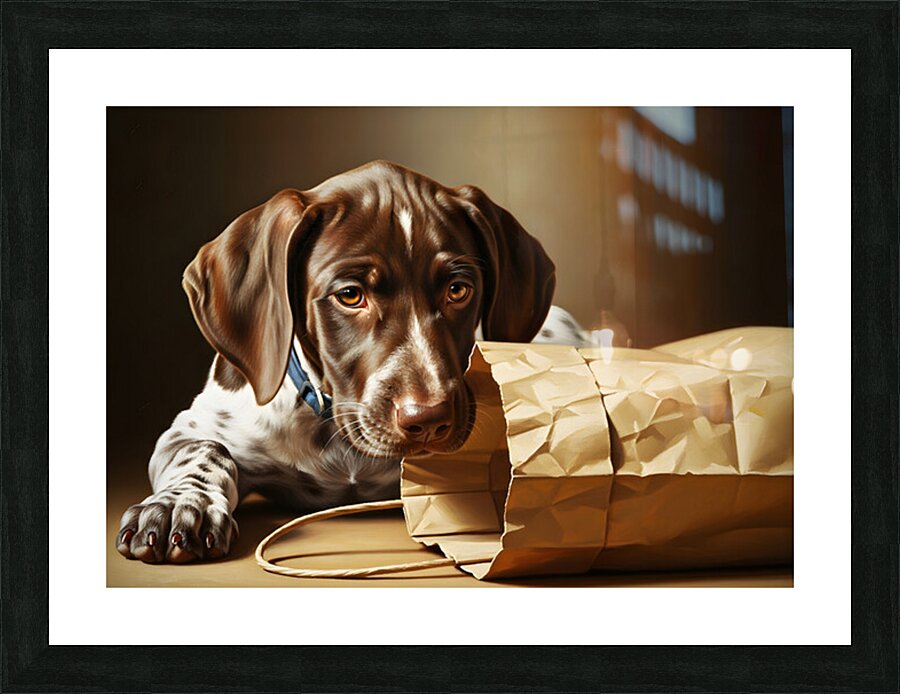 German Shorthaired Pointer Puppy Discovers Shopping Bag Picture Frame print