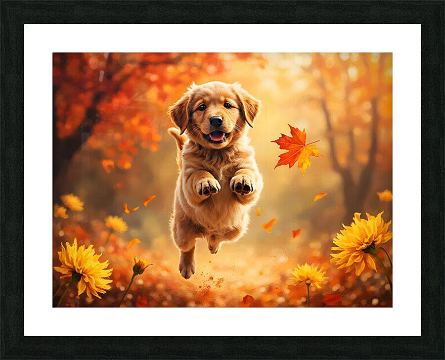 Golden Retriever Puppy Spots Dancing Autumn Leaves Picture Frame print
