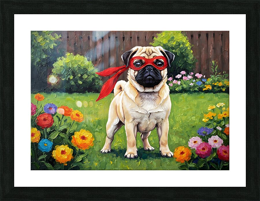 Pug Puppy Discovers His Superhero Mask Picture Frame print