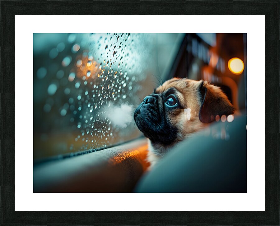Pug Puppy Watches First Rainstorm From Car Window Picture Frame print