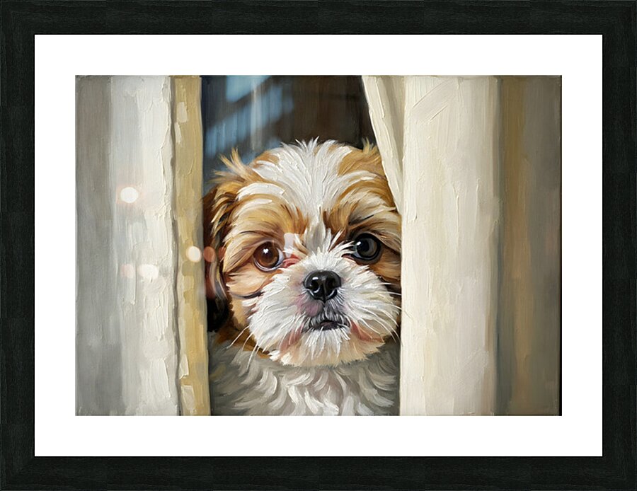 Shih Tzu Puppys Perfect Hiding Spot Behind Curtain Picture Frame print