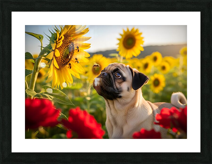 Pug Puppy Discovers Garden Bees Picture Frame print
